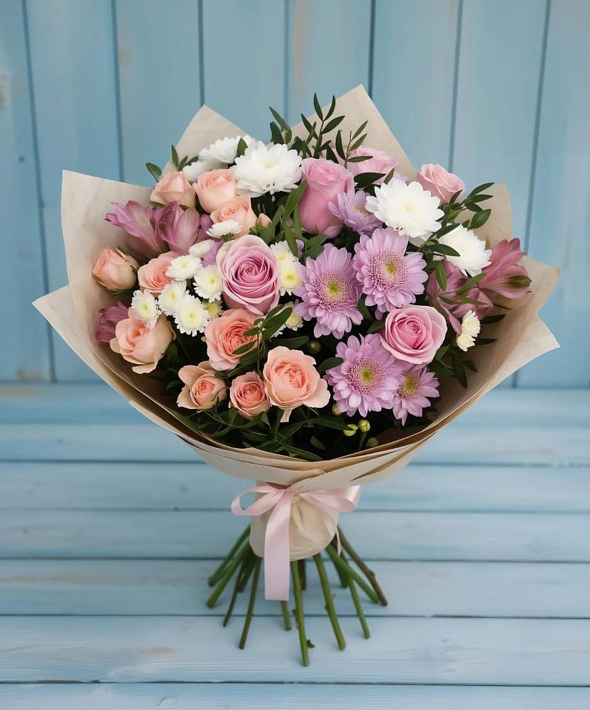 Букет цветов из: Хризантемы, Розы и Альстромерии в Красково