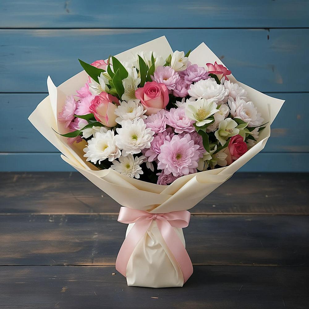 Букет цветов из: Хризантемы, Альстромерии и Розы в Красково